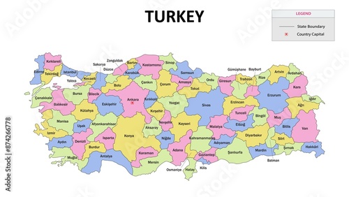 Turkey Map. State map of Turkey. State map of Turkey in colour with capital. Turkey map with neighbouring countries' names.