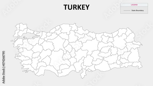 Turkey Map. State and State map of Turkey. Administrative map of Turkey with States and boundaries in white color. Turkey map with neighbouring countries' names. photo