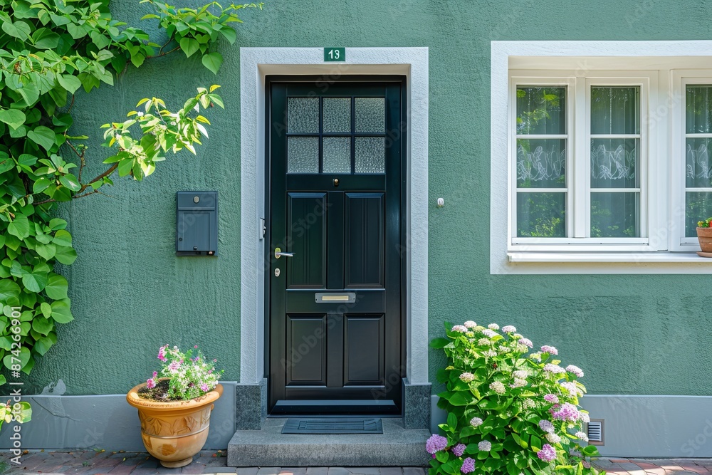 Photo of the surroundings of a anthrazite colored front door of a dusty green single-family house in a German residential area Photo of the surroundings of a anthrazite colored front door of a dusty green single-family house in a German residential area