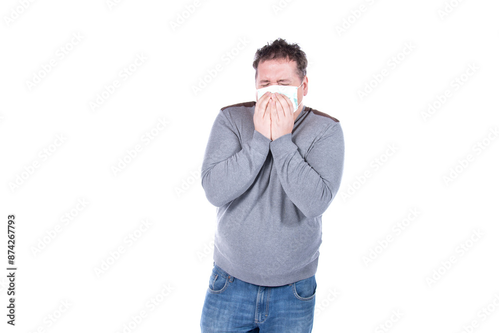 A man in a protective mask takes care of his health. White background. A man in a protective mask takes care of his health. White background.