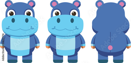 A blue cartoon hippo with a big smile on its face