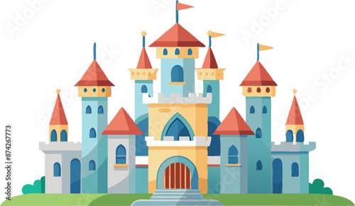 A castle with a red roof and blue and yellow walls