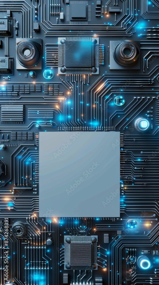 Fototapeta premium A light blue-grey intelligent metal panel, with technical themed circuit lines on the panel, some circuits emitting blue light, and a chip in the middle