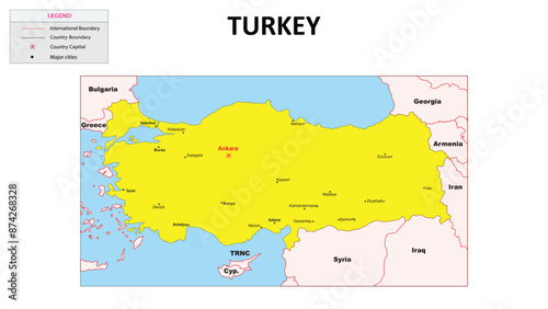 Turkey Map. Major cities in Turkey. Political map of Turkey with border and neighbouring countries.