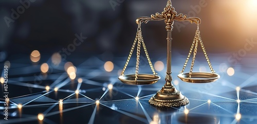A gold balance of justice sits on a geometric base and twinkles with light on a black background