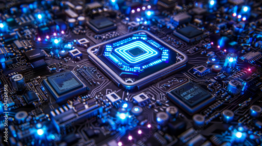 Innovative concept of a nanotech processing unit, showcasing its advanced engineering with blue and white LED illumination against a black matte surface Innovative concept of a nanotech processing unit, showcasing its advanced engineering with blue and white LED illumination against a black matte surface