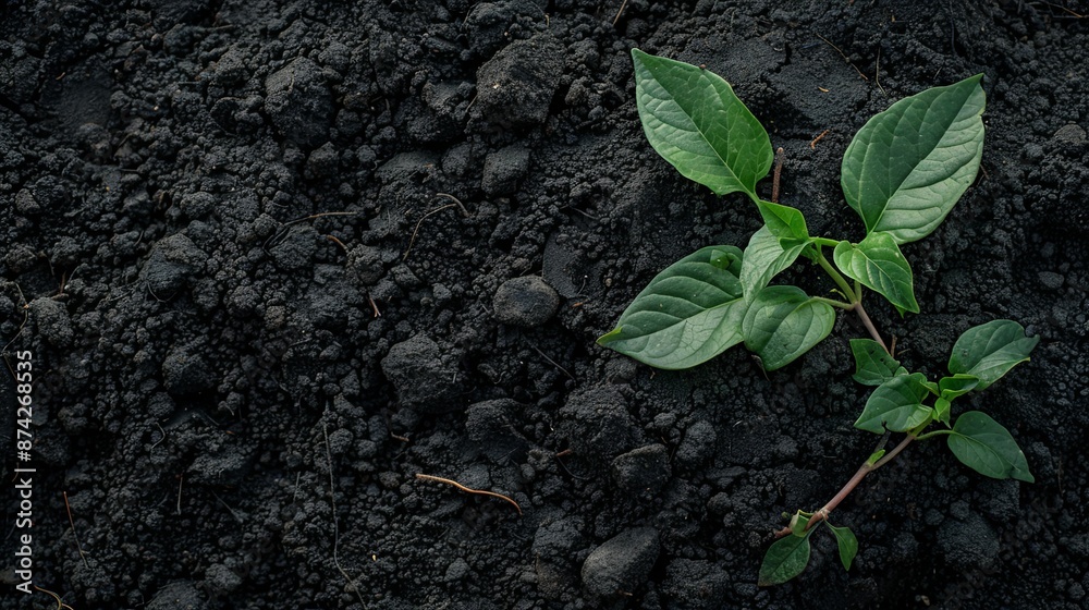 Naklejka premium Top view of Green leaves on fresh black soil with mulch for gardening, black land, Concept of global pollution, World Soil Day and Environment conservation