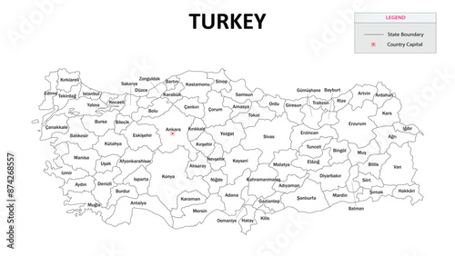 Turkey Map. State and State map of Turkey. Administrative map of Turkey with States and boundaries in white color.