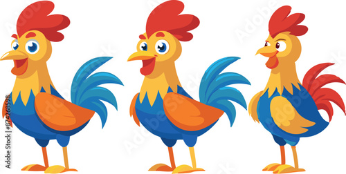 Three cartoon chickens are standing in a row, each with a different color