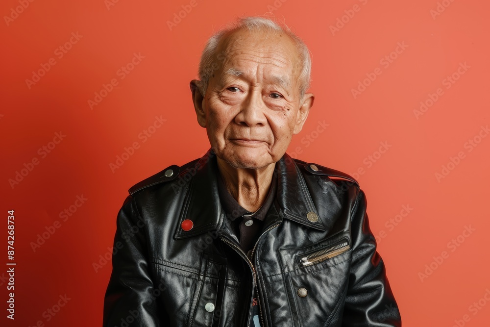 Portrait of a blissful asian man in his 80s sporting a classic leather jacket in front of pastel or soft colors background Portrait of a blissful asian man in his 80s sporting a classic leather jacket in front of pastel or soft colors background