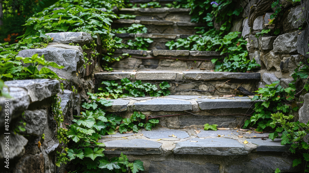 Stone Staircase with Vibrant Green Plants Stone Staircase with Vibrant Green Plants