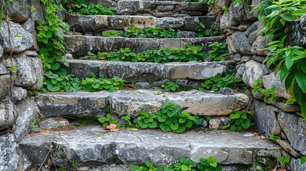 Stone Staircase with Vibrant Green Plants Stone Staircase with Vibrant Green Plants