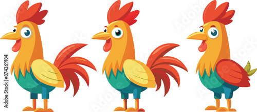 Three cartoon roosters are standing in a row