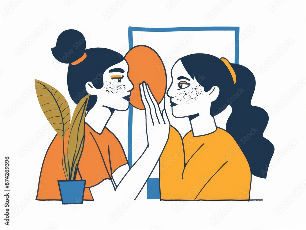Minimalist line art illustration of two people in an office, one woman holding a mirror to the other woman, who is looking into the mirror and putting on cosmetic contact lenses, using simple shapes a Minimalist line art illustration of two people in an office, one woman holding a mirror to the other woman, who is looking into the mirror and putting on cosmetic contact lenses, using simple shapes a