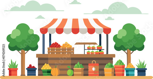 A colorful outdoor market with a red and white canopy and a variety of fruits