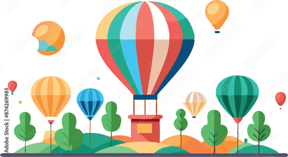 A colorful hot air balloon is surrounded by other balloons and trees A colorful hot air balloon is surrounded by other balloons and trees