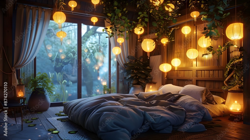 Enchanted Bedroom with Floating Lanterns,Serene and Mystical Atmosphere for Sleeping and Dreaming Enchanted Bedroom with Floating Lanterns,Serene and Mystical Atmosphere for Sleeping and Dreaming