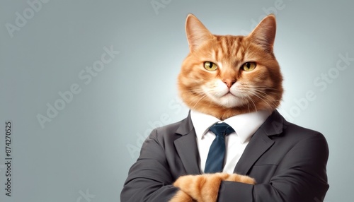 Professional business cat dressed in a suit with arms crossed, symbolizing confidence, authority, and leadership in a humorous way.