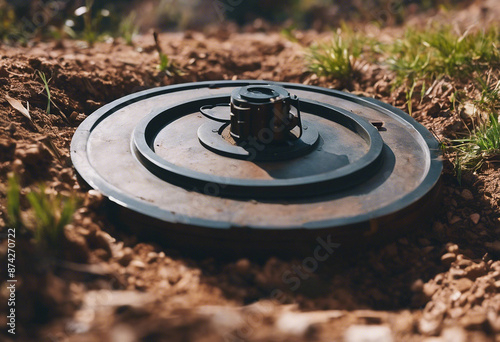 An anti-personnel mine in the ground