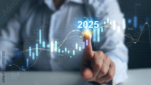 Businessman draws increase arrow graph corporate future growth year 2025. Planning,opportunity, challenge and business strategy. New Goals, Plans and Visions for Next Year 2025.