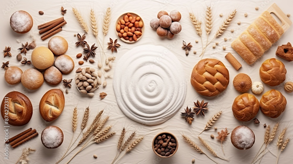 Realistic photography, top view of a clean surface which has traditional bakery items on it Realistic photography, top view of a clean surface which has traditional bakery items on it
