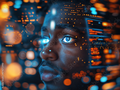 Afroamerikanischer Mann blickt in einen digitalen futuristischen Erfolgsbildschirm