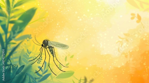 watercolor illustration, vintage postcard, World Mosquito Day, flying mosquito among grass and branches, yellow background, copy space, free space for text photo