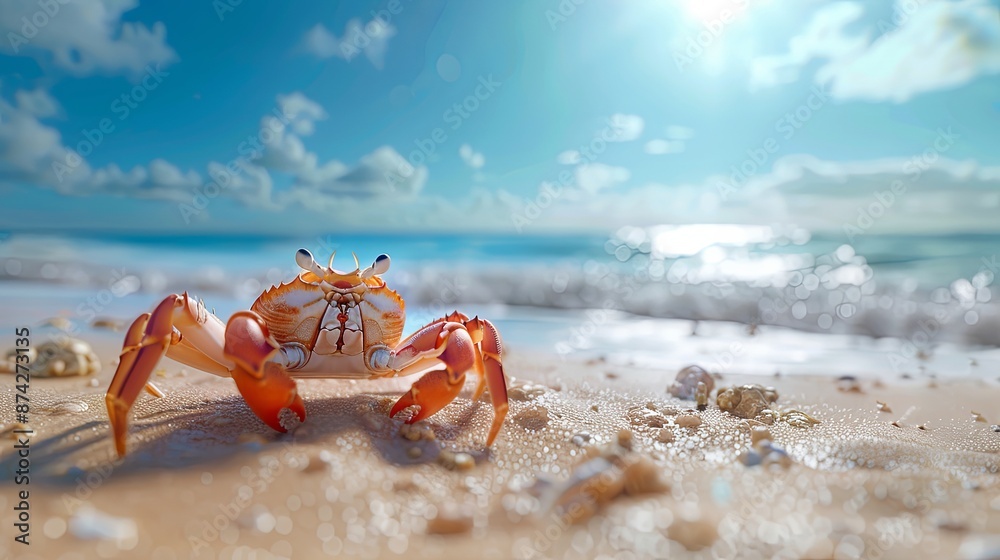 A crab on the sandy beach on a clear day, celebrating World Ocean Day and World Environment Day A crab on the sandy beach on a clear day, celebrating World Ocean Day and World Environment Day