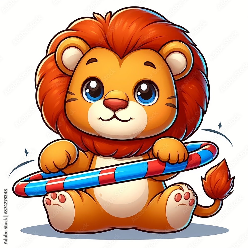 Naklejka premium Cute lion Playing Hula Hoop Cartoon Vector Icon Illustration