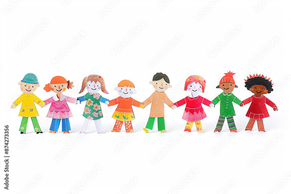 Group of diverse papercut children holding hands, white background Group of diverse papercut children holding hands, white background