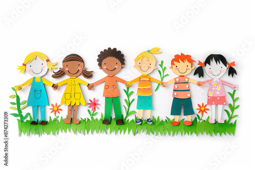 Diverse group of children holding hands, papercut design, isolated on white