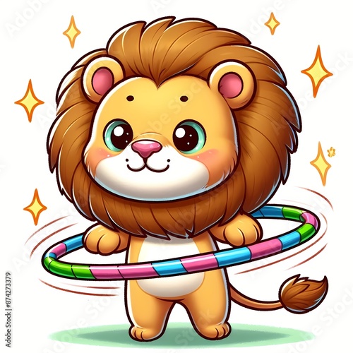 Cute lion Playing Hula Hoop Cartoon Vector Icon Illustration