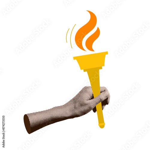 Halftone collage hand holding torch with burning fire. Trendy retro vector illustration for mixed media design