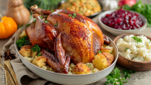 A view of a traditional Thanksgiving feast with a roasted turkey and a variety of side dishes, showcasing the culinary delights of the holiday.