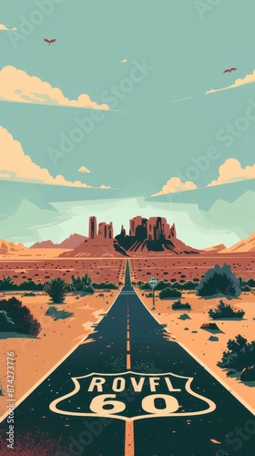 Wallpaper Mural travel poster, route 66, desert road, modern illustration, simple, muted colors  Torontodigital.ca