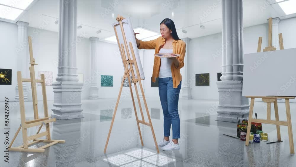 Full Body Of Asian Female Artist Is Concentrated Painting On Canvas By Oil Paints And Brush In Gallery