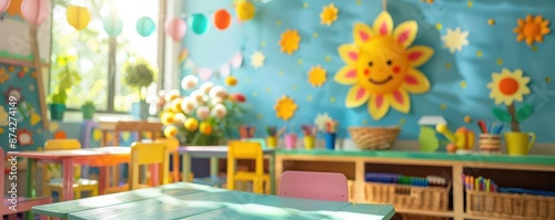 Teacher welcoming kindergarten students back with a summerthemed bulletin board, creativity concept, selective focus, classroom theme, vibrant, composite, classroom backdrop