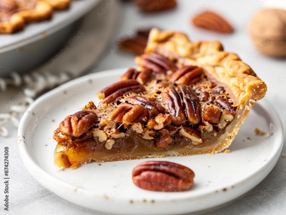 A slice of pecan pie with nuts in white plate 