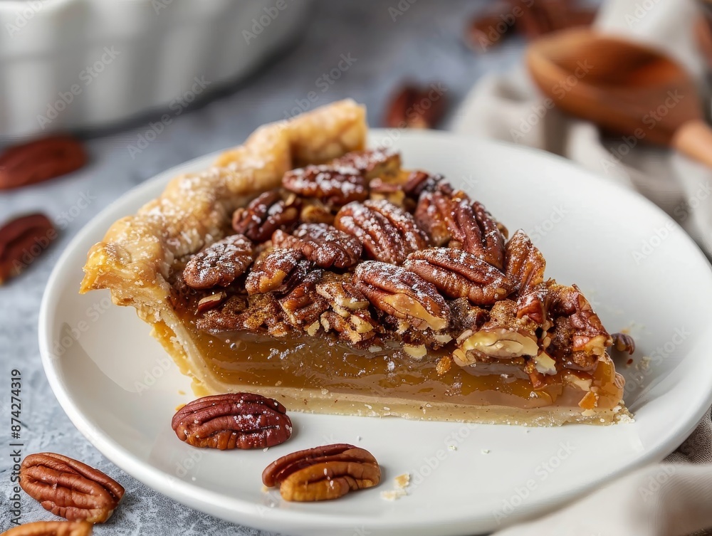 A slice of pecan pie with nuts in white plate A slice of pecan pie with nuts in white plate