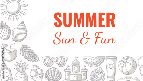Summer minimalist horizontal banner, beach accessories, gray monochrome icons. Corner border frame, copy space, isolated on white. Summertime, sun and fun. For poster, flyer, card, invitation, party