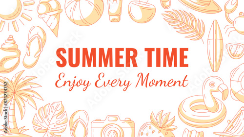 Summer minimalist horizontal banner, beach accessories orange monochrome icons. Round border frame, copy space, isolated on white. Summertime, enjoy every moment. For poster, flyer, card, invitation
