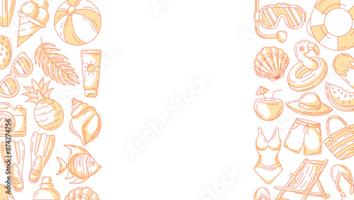 Summer minimalist horizontal banner, beach accessories monochrome orange icons. Side borders frame, copy space, isolated on white. For poster, flyer, card, invitation, social media, party or event