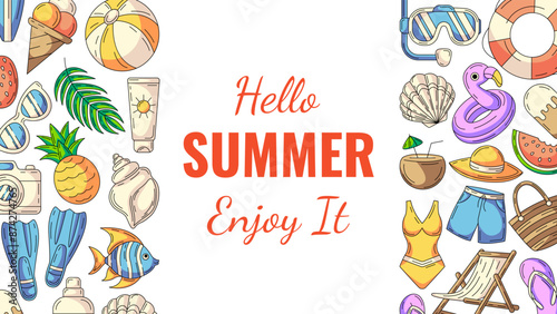 Summer colorful horizontal banner, beach accessories icons. Side borders frame, copy space, isolated on white. Hello summertime. For poster, flyer, card, invitation, social media, party or event
