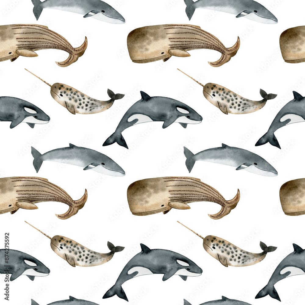 Naklejka premium Seamless pattern with watercolor whales.