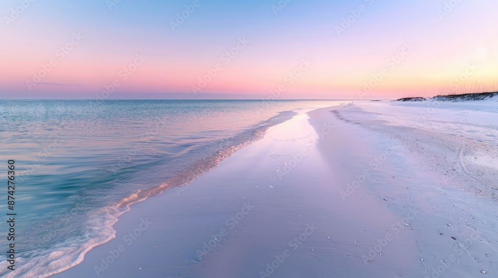 Fototapeta premium A quiet beach with fine, white sand, the sunrise creating a soft, pink glow across the horizon.