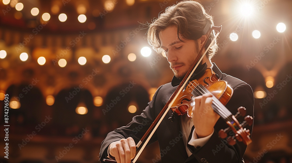 Fototapeta premium Stage performance by a violinist under dramatic lighting in a grand concert hall, demonstrating their musical prowess and dedication to their craft amidst an engaged audience.