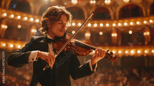 A musician playing the violin on stage with dramatic lighting, set against the backdrop of a grand concert hall filled with an enraptured audience, showcasing their dedication and talent.

