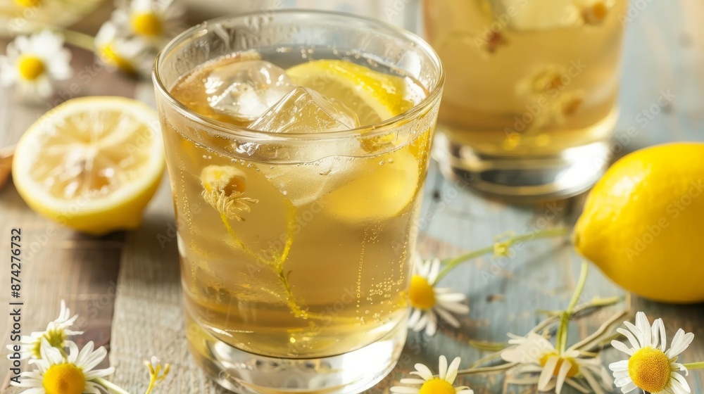 Chilled chamomile and honey iced tea with a twist of lemon, Chilled Herbal Fun, soothing and fun drink Chilled chamomile and honey iced tea with a twist of lemon, Chilled Herbal Fun, soothing and fun drink
