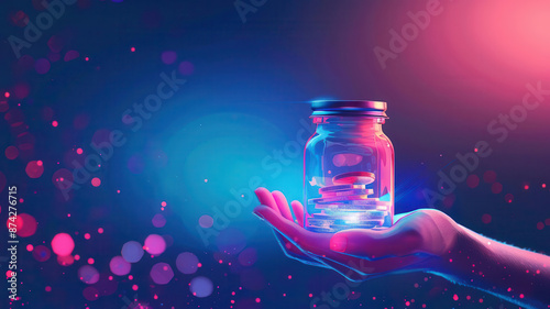 Hand holding a holographic savings jar with digital coins inside, futuristic tech background, neon blue and pink, vector art photo