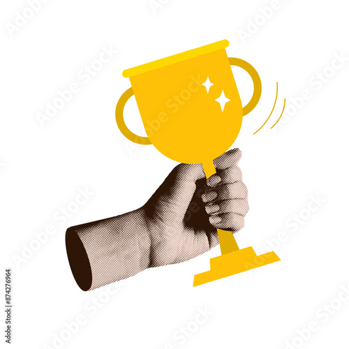 Fist holding trophy cup in trendy halftone collage style. Business success, sport victory, education goal achievement concept. Trendy realistic dotted vector illustration